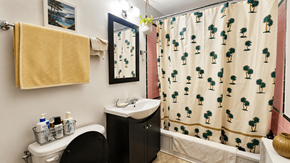 Vancouver apartment for rent - A bathroom with a towel hanging on the wall and a shower curtain with trees on it.