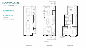 Tsawwassen apartment for rent - A floor plan for a townhome with three bedrooms and two bathrooms is shown.