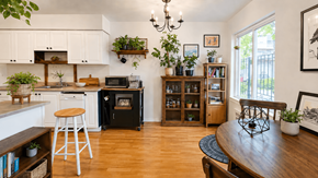 Vancouver apartment for rent - A kitchen with a wooden table and white cabinets.