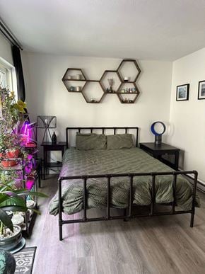 Vancouver apartment for rent - A bedroom with a bed, nightstand, and a wall decoration.
