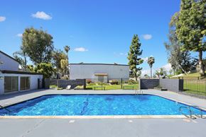West Covina apartment for rent - A swimming pool surrounded by a fence and trees.