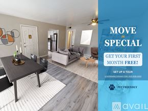Phoenix apartment for rent - A room with a dining table and chairs is on display for a special move in offer.