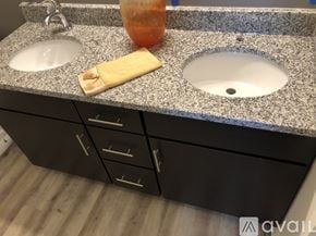 Waukesha apartment for rent - A bathroom counter with two sinks and a bottle of orange liquid.