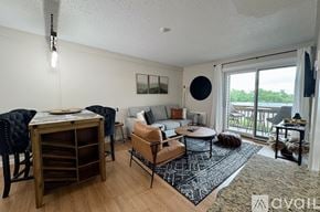 Laconia condo for rent - A living room with a black and white rug, a wooden cabinet, a sofa, a chair, and a table.