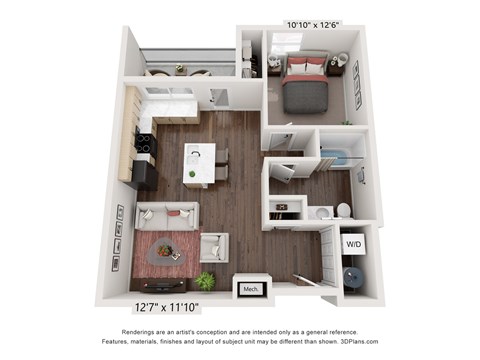 Floor plan for 1 bed, 1 bath, 670 sqft