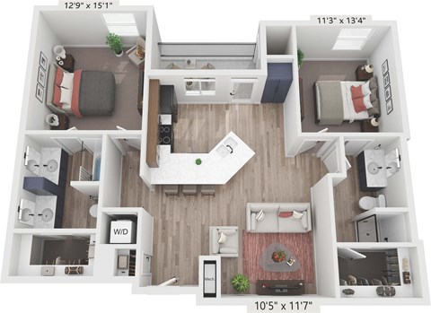 Floor plan for 2 beds, 2 baths, 1046 sqft