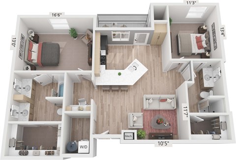Floor plan for 2 beds, 2 baths, 1155 sqft