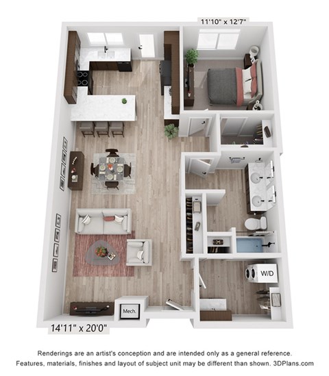 Floor plan for 1 bed, 1 bath, 950 sqft
