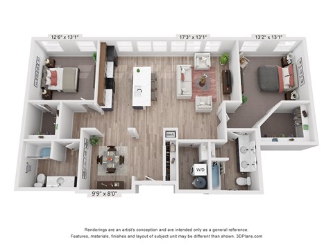 Floor plan for 2 beds, 2 baths, 1157 sqft