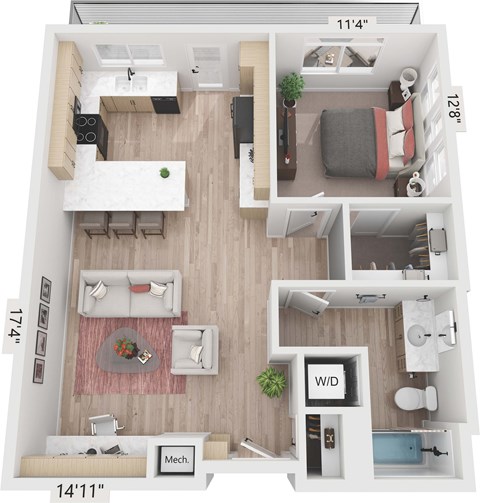 Floor plan for 1 bed, 1 bath, 753 sqft