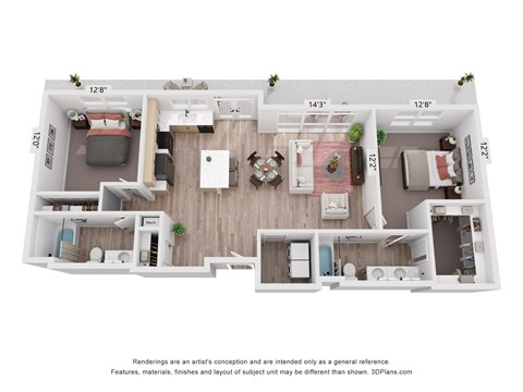 Floor plan for 2 beds, 2 baths, 1131 sqft