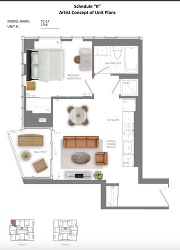 Kitchener apartment for rent - A floor plan of a TC-1F apartment with a living room, dining room, kitchen, and bathroom.