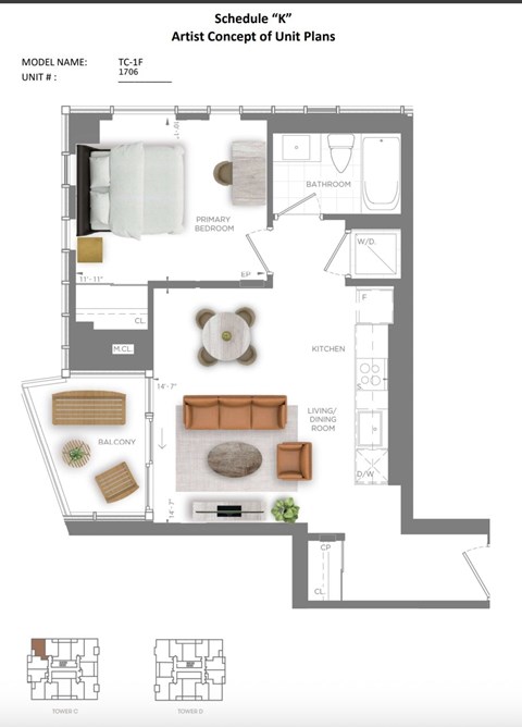 Floor plan for 1 bed, 1 bath