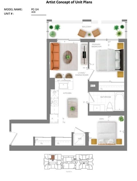 Floor plan for 2 beds, 1 bath