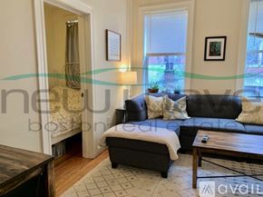 Boston apartment for rent - A living room with a black couch, a coffee table, and a rug.