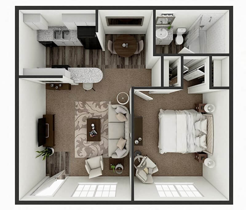 Floor plan for 1 bed, 1 bath, 612 sqft