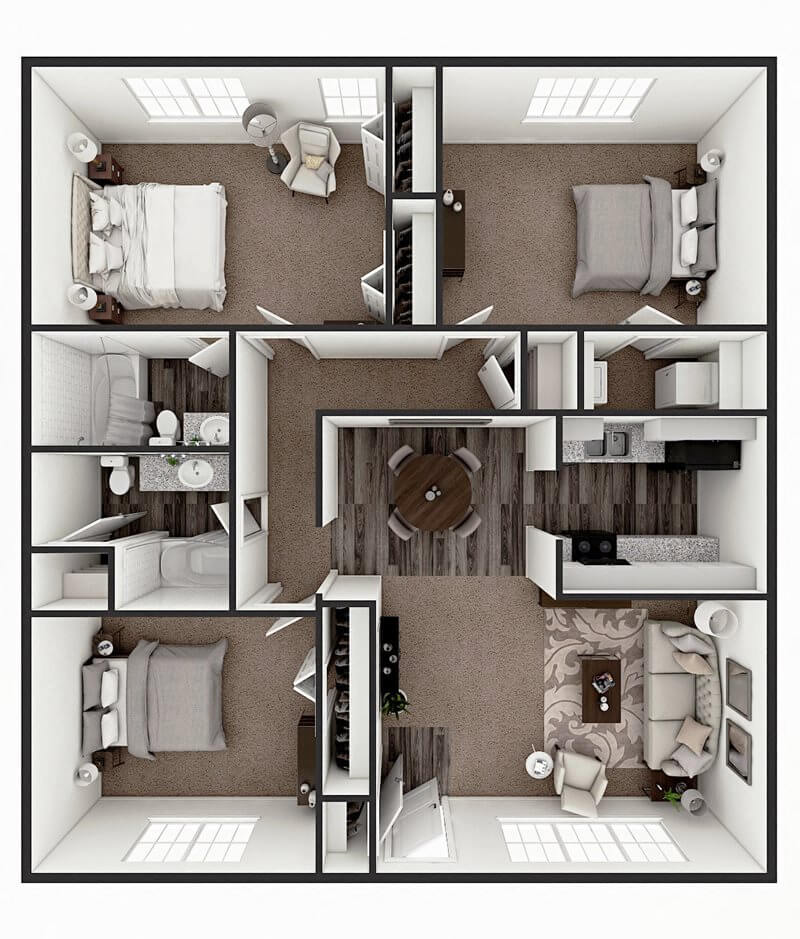 Floor plan for 3 beds, 2 baths, 1284 sqft
