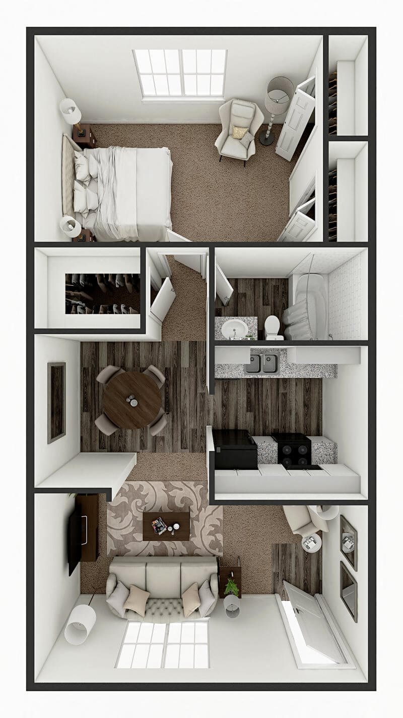 Floor plan for 1 bed, 1 bath, 702 sqft