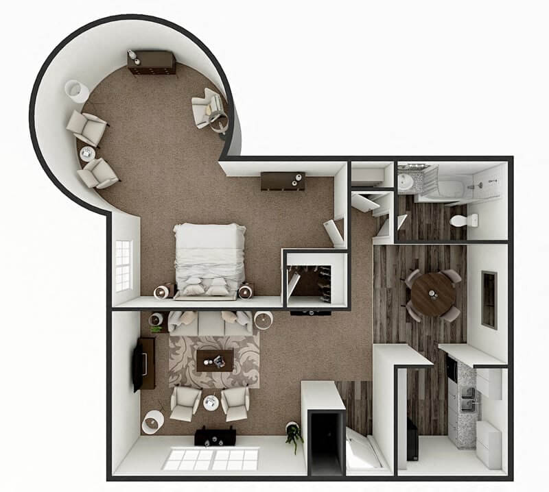 Floor plan for 1 bed, 1 bath, 809 sqft