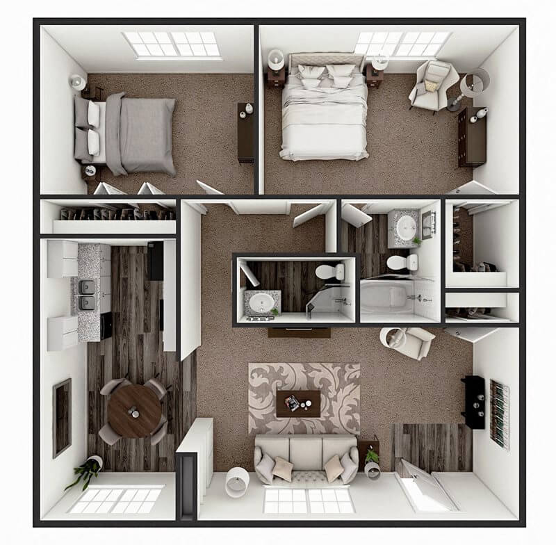 Floor plan for 2 beds, 2 baths, 986 sqft