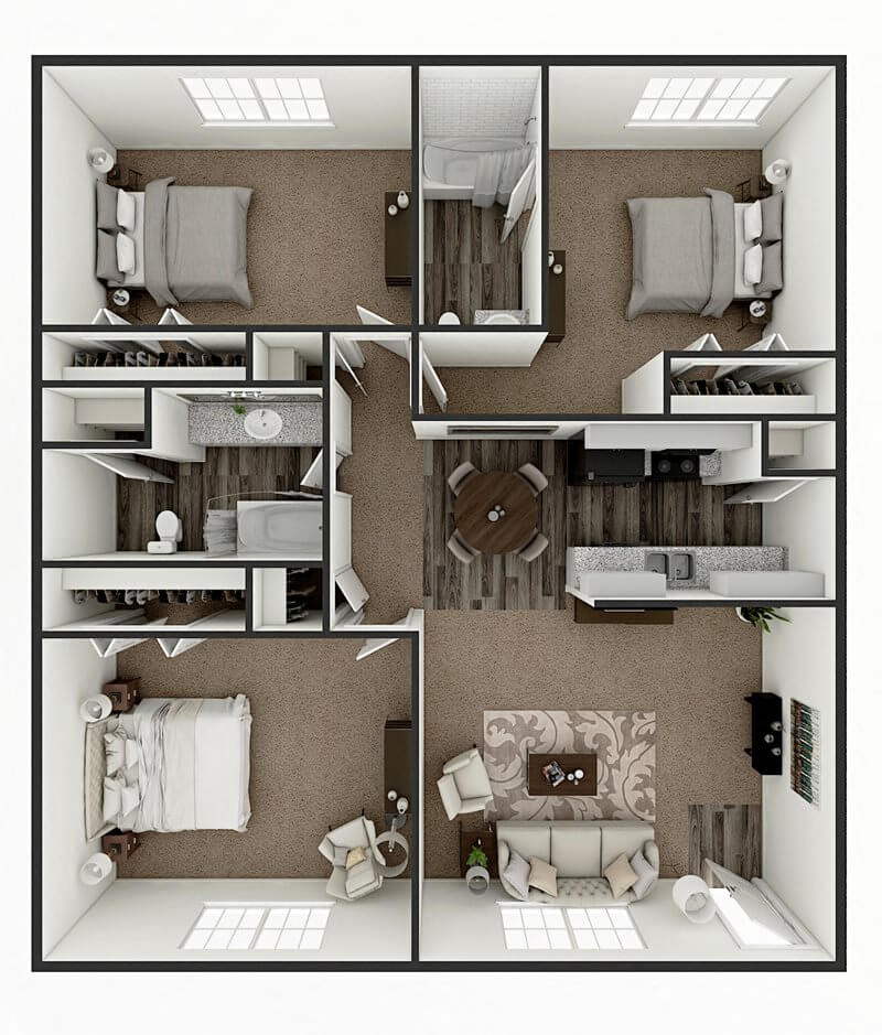 Floor plan for 3 beds, 2 baths, 1167 sqft