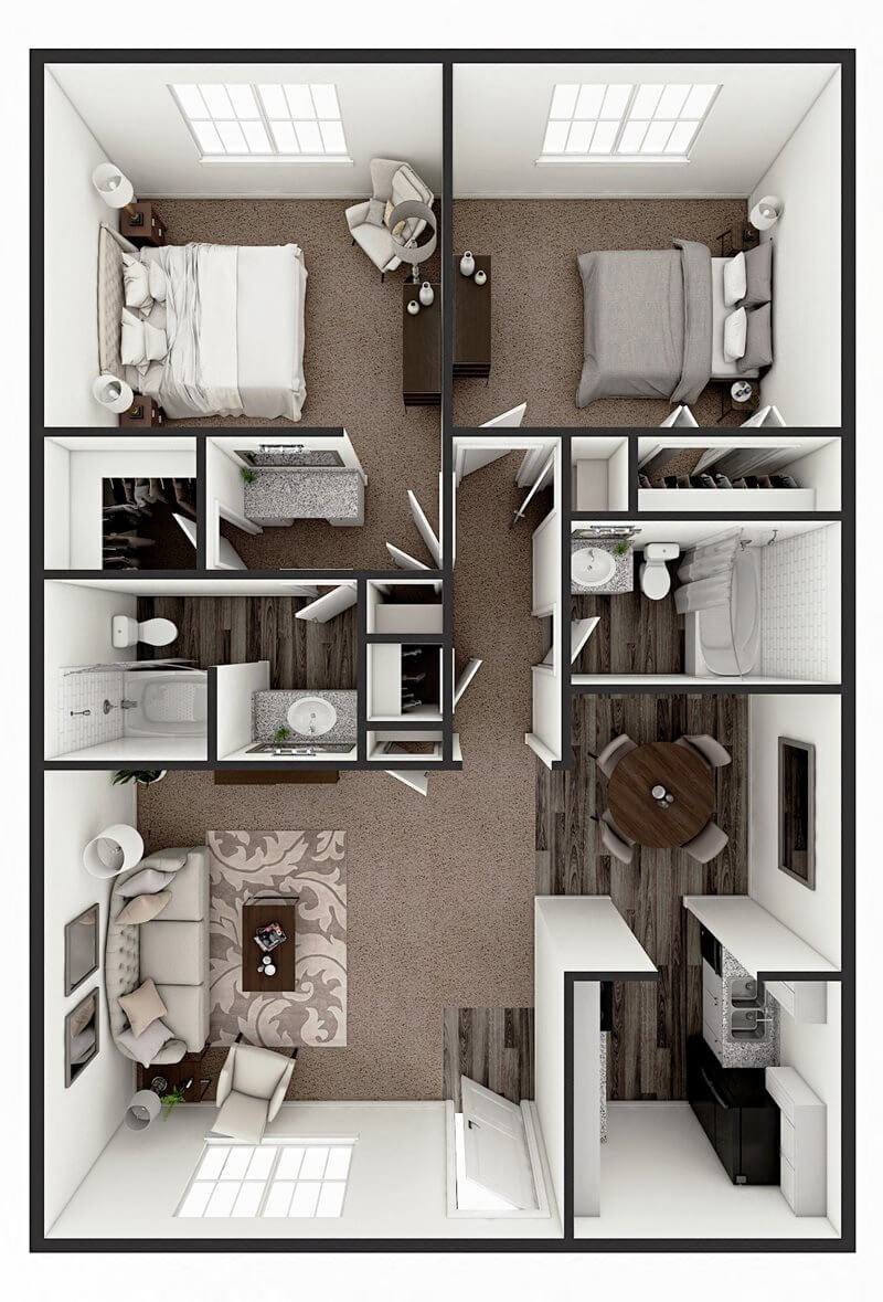 Floor plan for 2 beds, 2 baths, 1000 sqft