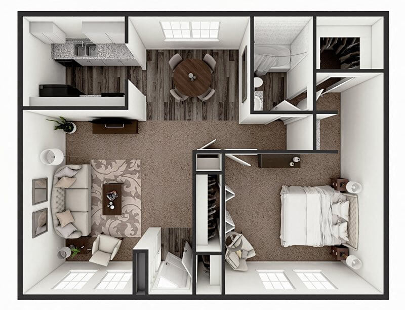 Floor plan for 1 bed, 1 bath, 750 sqft