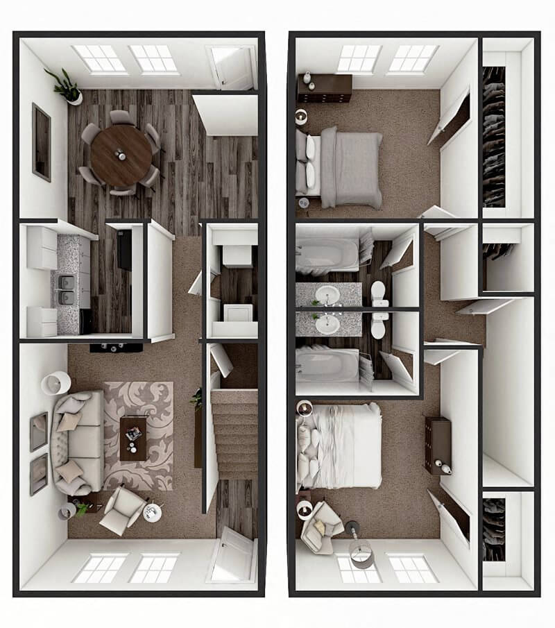 Floor plan for 2 beds, 2 baths, 1125 sqft