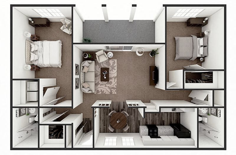Floor plan for 2 beds, 2 baths, 1154 sqft