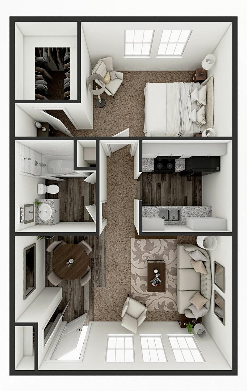 Floor plan for 1 bed, 1 bath, 662 sqft