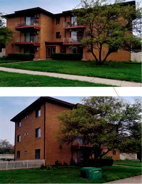 Westmont apartment for rent - Two images of a red brick apartment building with green lawn and trees.