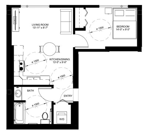 Floor plan for 1 bed, 1 bath, 500 sqft