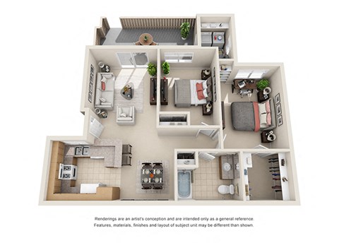 Floor plan for 2 beds, 1 bath, 888 sqft