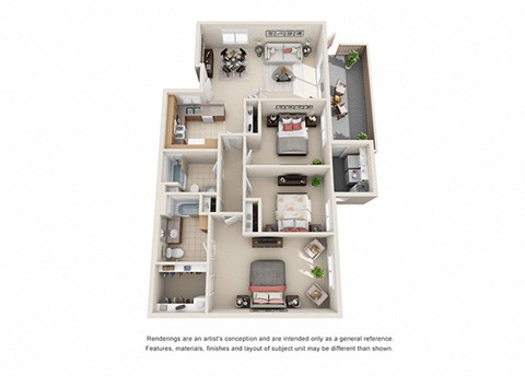 Floor plan for 3 beds, 2 baths, 1197 sqft