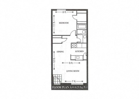 Floor plan for 1 bed, 1 bath, 625 sqft