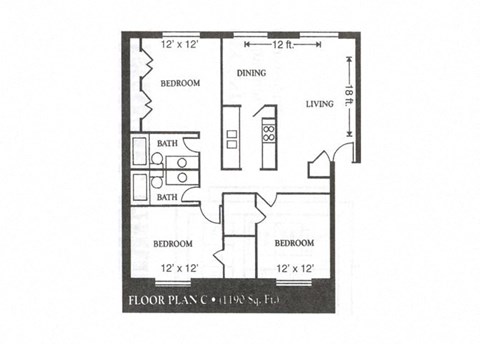 Floor plan for 3 beds, 2 baths, 1190 sqft