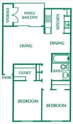 Floor plan for 2 beds, 1 bath, 836 sqft