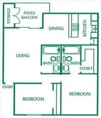Floor plan for 2 beds, 2 baths, 951 sqft