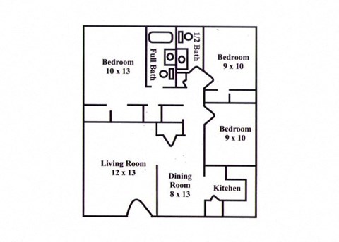 Floor plan for 3 beds, 1.5 baths, 1000 sqft