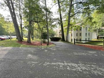 State College apartment for rent - A tree-lined driveway leads to a white building.