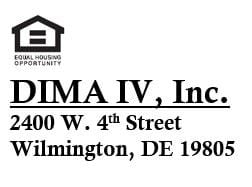 Wilmington apartment for rent - A logo for Equal Housing Opportunity is above the name DIMA IV, Inc. and the address 2400 W. 4th Street Wilmington, DE 19805.