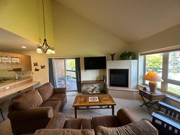 Pagosa Springs house for rent - A living room with a brown couch and a coffee table.