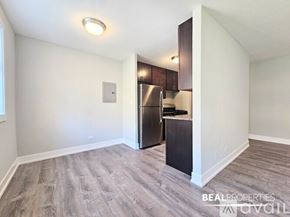 Chicago condo for rent - A spacious room with wood flooring and a built-in cabinet.