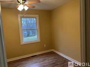 Louisa apartment for rent - A room with a ceiling fan and a window showing a tree outside.