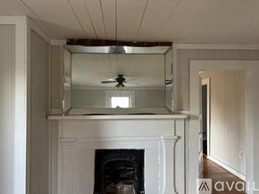 Louisa apartment for rent - A white fireplace with a mirror above it and a ceiling fan.