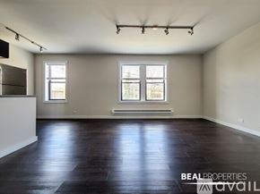 Chicago condo for rent - A spacious room with dark wood flooring and two windows.
