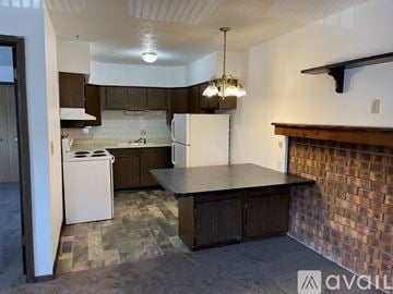 Pekin apartment for rent - A kitchen with a white dishwasher and wooden cabinets.