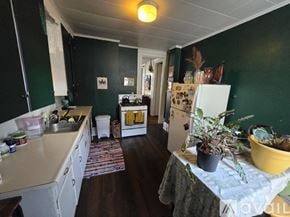 Kalamazoo apartment for rent - A kitchen with green walls and a white refrigerator.