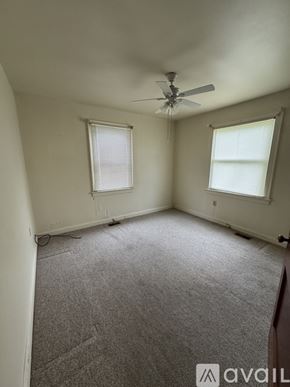 Petersburg house for rent - A room with a carpeted floor, a ceiling fan, and two windows.