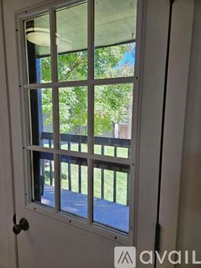 Fort Collins condo for rent - A white door with a window showing a green lawn and trees.